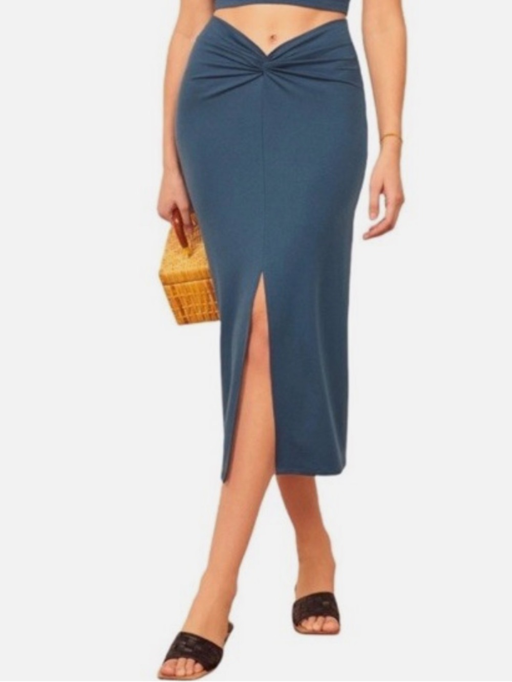 Reformation Rylan Knit Beautiful Ruched Front Slit Skirt Ocean Blue Size M